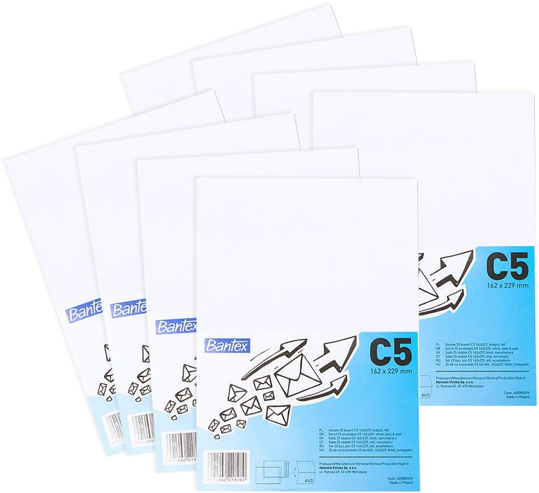 8x Koperta standardowa Bantex, C5, z paskiem HK, 25 sztuk, biały