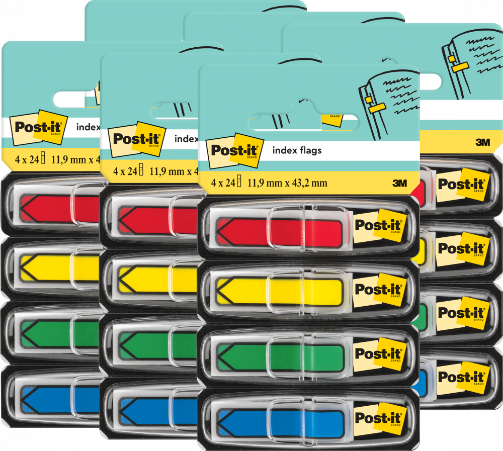 6x Zakładki samoprzylepne Post-it proste, z nadrukiem strzałki, indeksujące, folia, 12x43mm, 4x24 sztuki standardowe