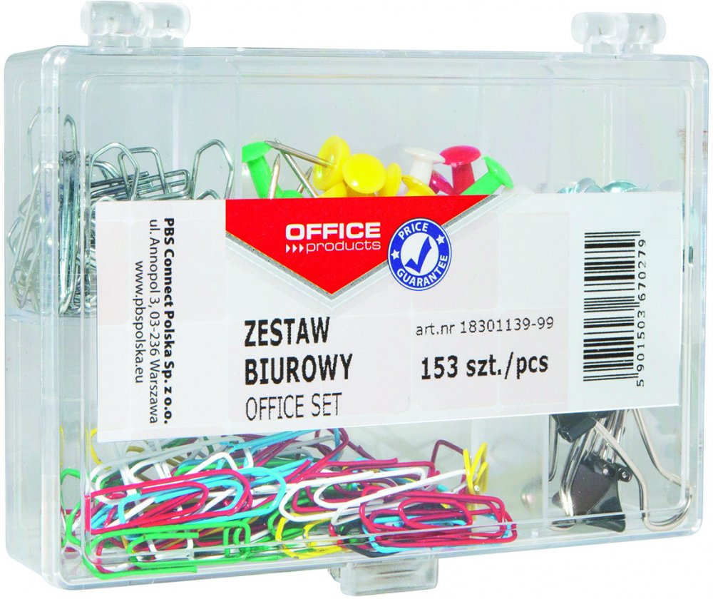 Zestaw biurowy Office Products, pinezki, klipy, spinacze, 153 elementy, mix kolorów