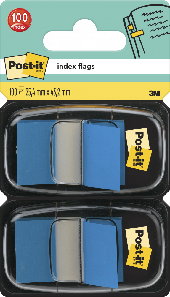 Zakładki samoprzylepne Post-it (680-B2EU), proste, indeksujące, folia, pótransparentne, 25.4x43.2mm, 2x50 sztuk, niebieski