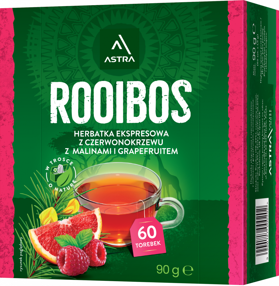 Herbata Rooibos w torebkach Astra, malina i grapefruit, 60 sztuk x 1.5g