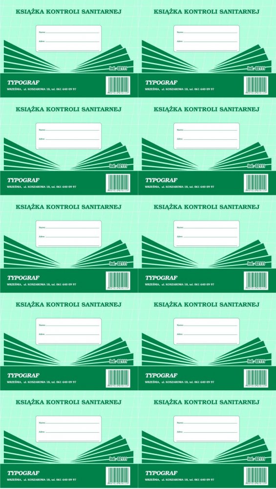 10x Druk akcydensowy Książka kontroli sanitarnej Typograf, A5, offsetowy, 24k