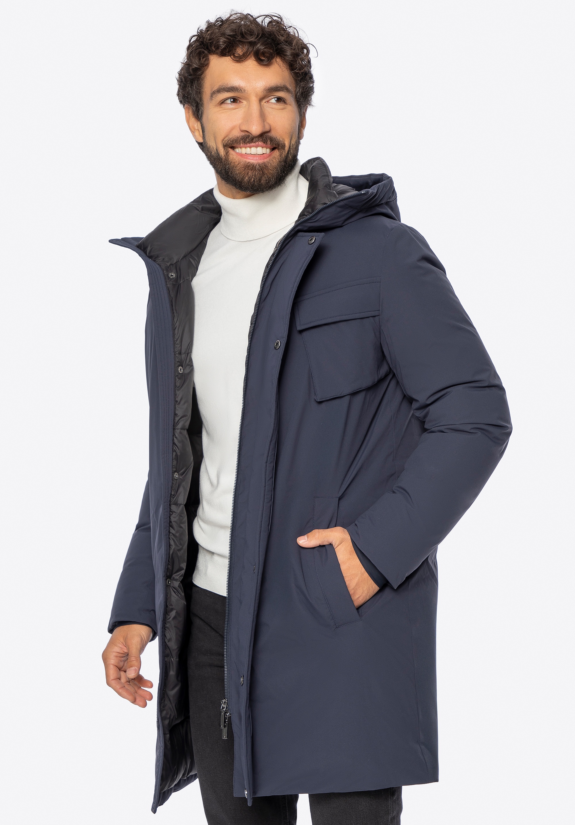 Męska kurtka puchowa z kapturem granatowa