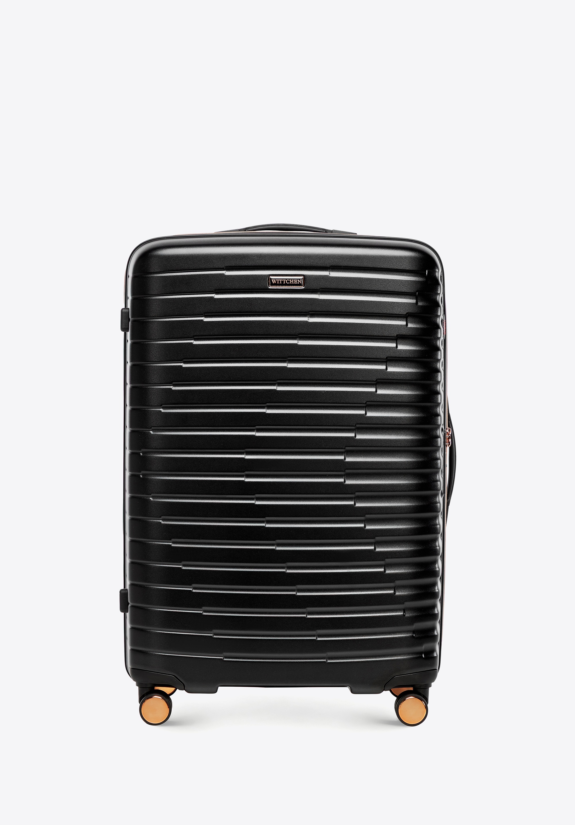 Duża walizka z polikarbonu w poziome żebrowanie czarno - złota