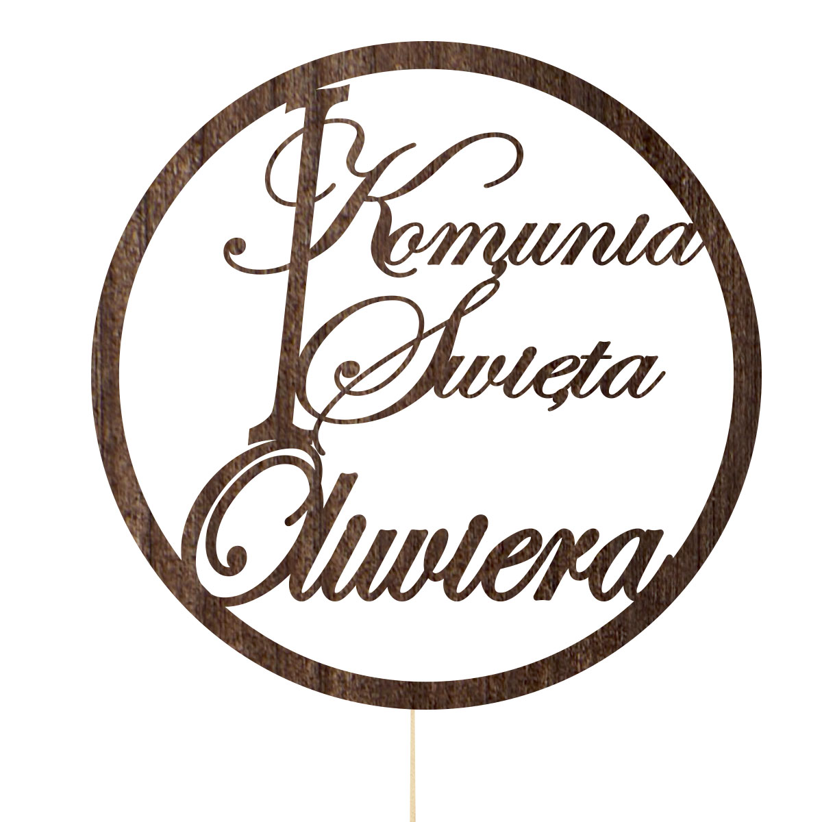 Topper dekoracja na bok tortu pik Pierwsza Komunia Święta drewno napis imię brąz rustykalny