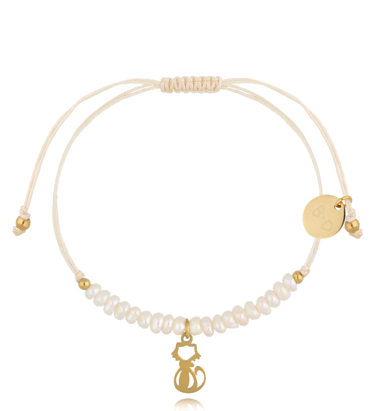 Bransoletka z perełkami i złotym kotkiem Feliz BMT0089 - By Dziubeka