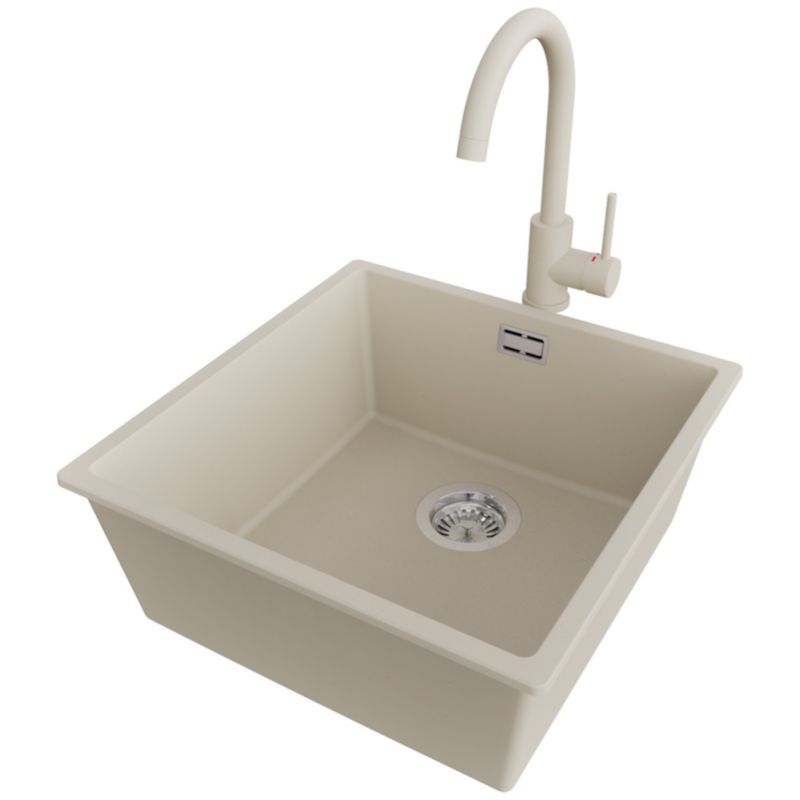 Zlewozmywak Granitowy Londyn Slim PRIMAGRAN Nablatowy 46x47cm do szafki od 50cm, Beżowy + Bateria 32x20cm + Syfon, S223, 1 szt.