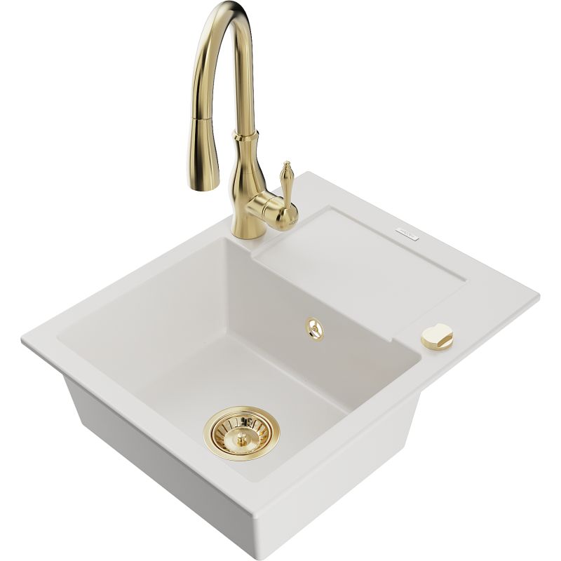 Zlewozmywak granitowy 1-komorowy Mexen Enzo z ociekaczem i baterią kuchenną Savita biały 6506-20-672601-50