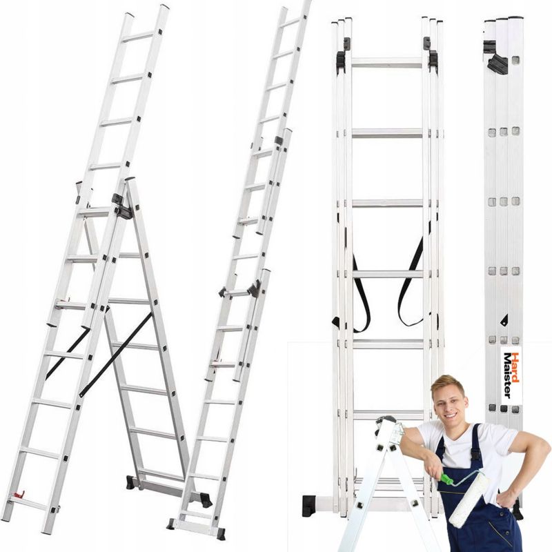 Drabina Aluminiowa Hardmaister 3x11 stopni Wielofunkcyjna Uniwersalna wys. Robocza 8,2m 1 szt
