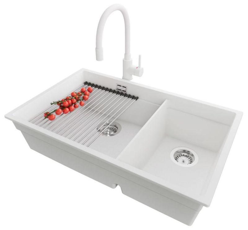 Zlewozmywak Granitowy Praga Slim Duo PRIMAGRAN Nablatowy 76x47cm, Biały + Bateria + Syfon + Akcesorium, , 1 szt.