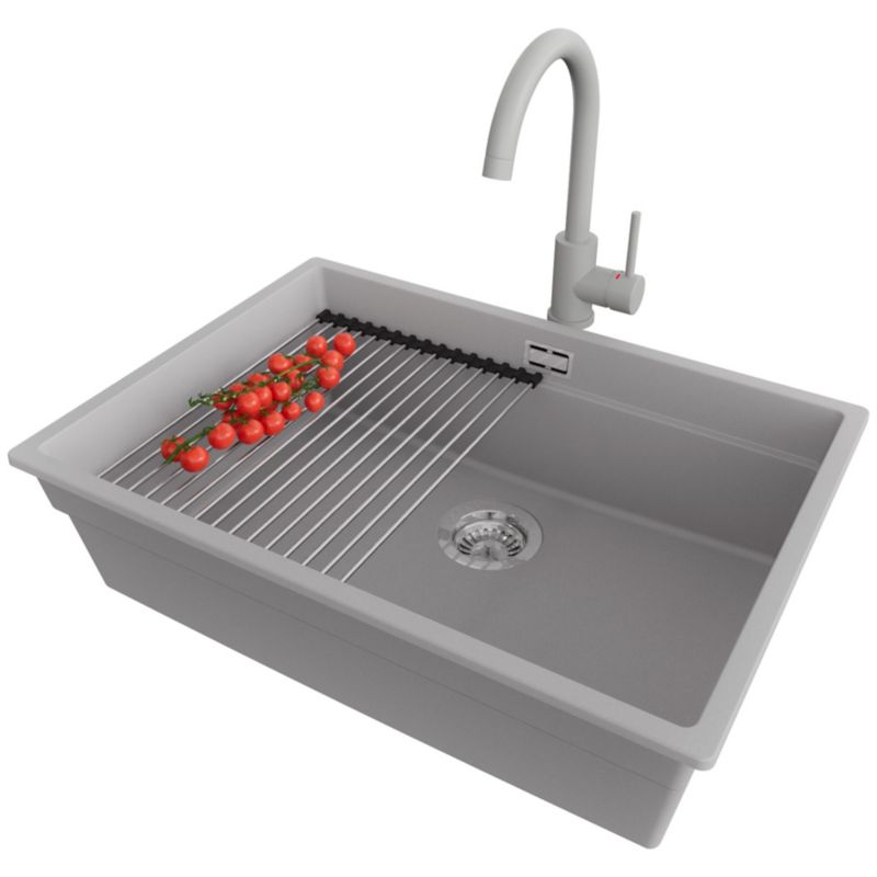 Zlewozmywak podblatowy Praga PRIMAGRAN 66x47cm do szafki od 70cm, Szary + Bateria + Syfon + Zwijany ociekacz, S447, 1 szt.