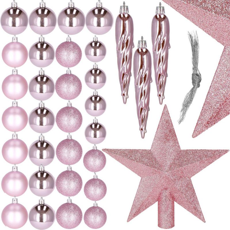 Bombki choinkowe Springos, różowe zawieszki na choinkę z gwiazdą, ozdoby świąteczne 33 szt.