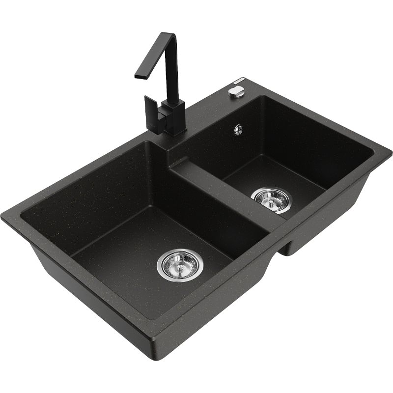 Zlewozmywak granitowy 2-komorowy Mexen Tomas z baterią kuchenną Rita czarny/złoty metalik - 6516-75-670300-70-B 1 szt.