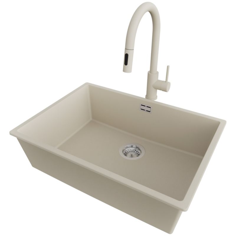 Zlewozmywak podblatowy Londyn PRIMAGRAN 66x47cm do szafki od 70cm, Beżowy + Bateria 40x20cm + Syfon, S411, 1 szt.