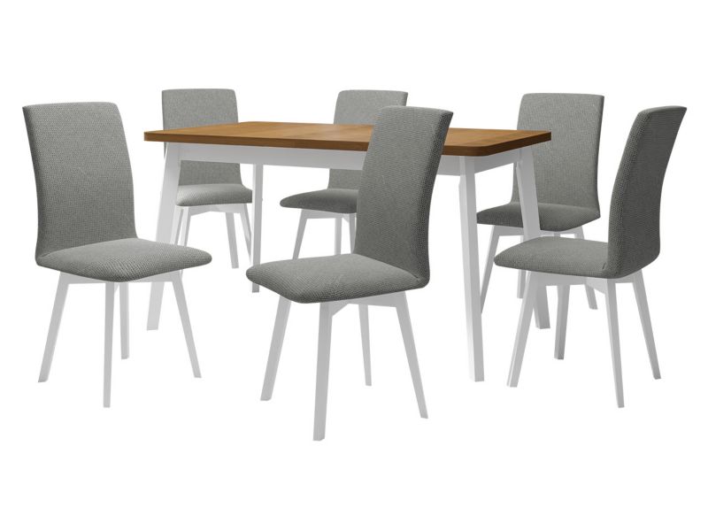 Zestaw DR24 MIRJAN 24 Stół rozkładany Oslo VI 80x140/180 + 6 krzeseł Luna 2 dąb grandson + biały + szara tapicerka 1 kpl.