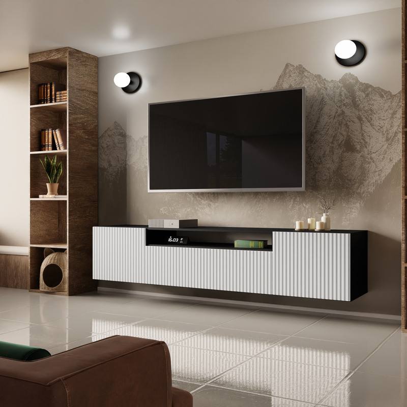 Wisząca szafka RTV 200 cm z półkami do salonu TAVIO czarno biała