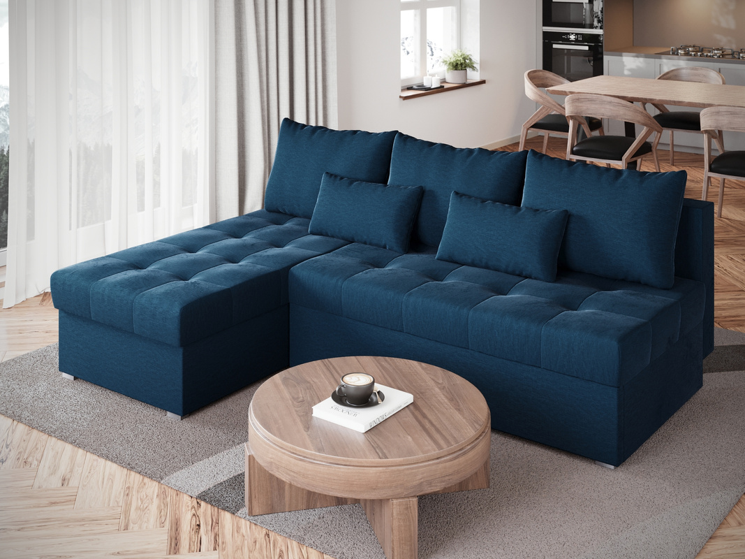 Niebieska rozkładana kanapa narożna z funkcją spania HOT SLIM