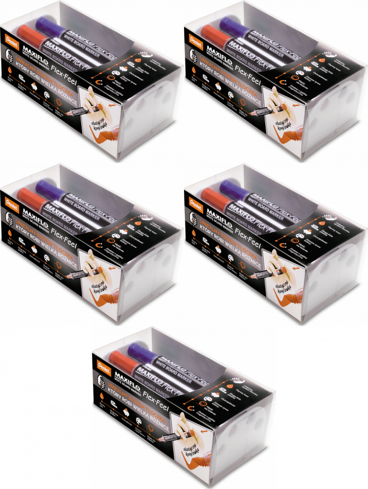 5x Marker suchościeralny Pentel, Maxiflo Flex-Feel MWL5SBF, 4mm, 4 sztuki + gąbka magnetyczna
