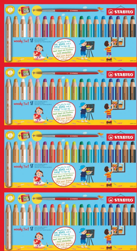 4x Kredki Stabilo Woody 3 w 1 Arty, z temperówką i pędzelkiem, 18 sztuk, mix kolorów