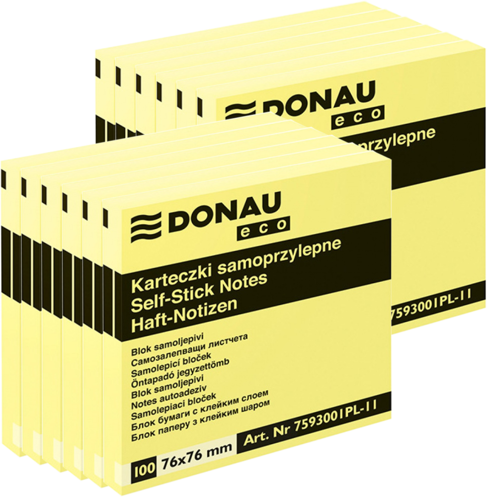 12x Karteczki samoprzylepne Donau Eco, 76x76mm, 100 karteczek, jasnożółty