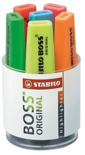 Zakreślacze Stabilo Boss w pojemniku, 6 sztuk, mix kolorów