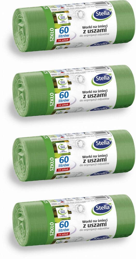 4x Worki na śmieci Stella, na szkło, 60l, 14 sztuk, zielony