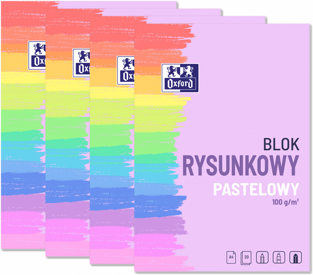 4x Blok rysunkowy pastelowy Oxford, A4, 10 kartek, kolorowy, 100g/m2