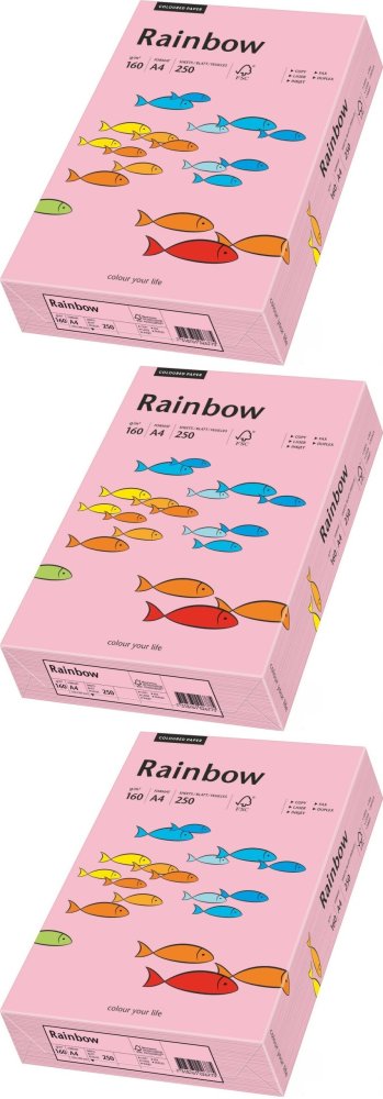 3x Papier kolorowy Rainbow, A4, 160g/m2, 250 arkuszy, różowy (R55)