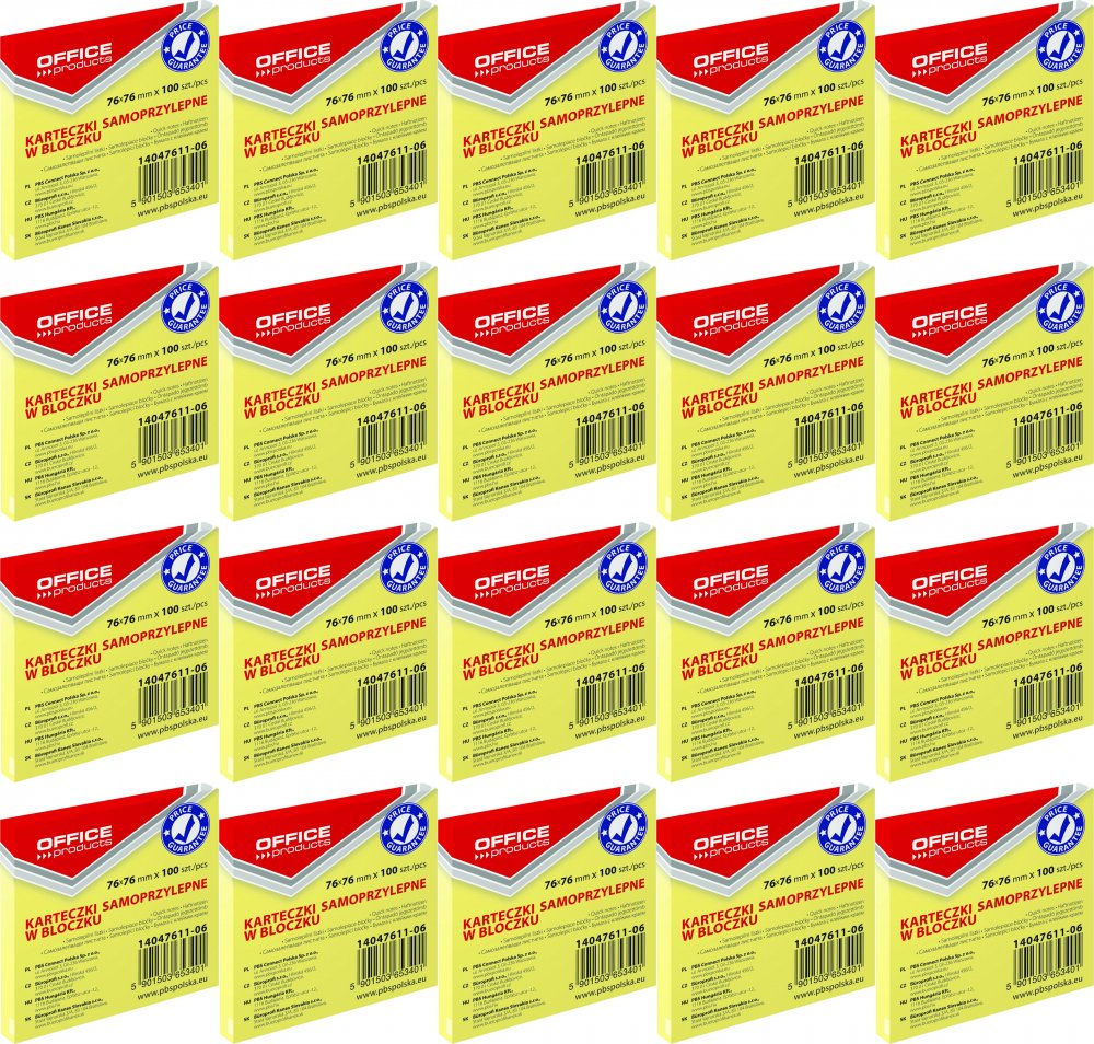 20x Karteczki samoprzylepne Office Products, 76x76mm, 100 karteczek, jasnożółty pastelowy
