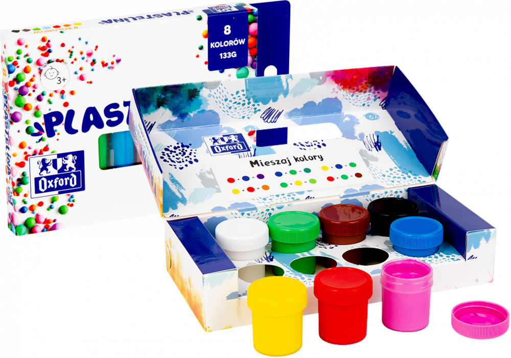 Zestaw: Farby plakatowe Oxford, 20ml, 8 sztuk + Plastelina Oxford mix kolorów, 8 kolorów, 133g