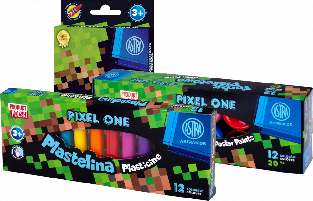 Zestaw: Kredki Astrakids Pixel One, 12 sztuk + Farby plakatowe Astra Astrakids Pixel One, 12 sztuk + Plastelina Astra Astrakids Pixel One, 12 kolorów