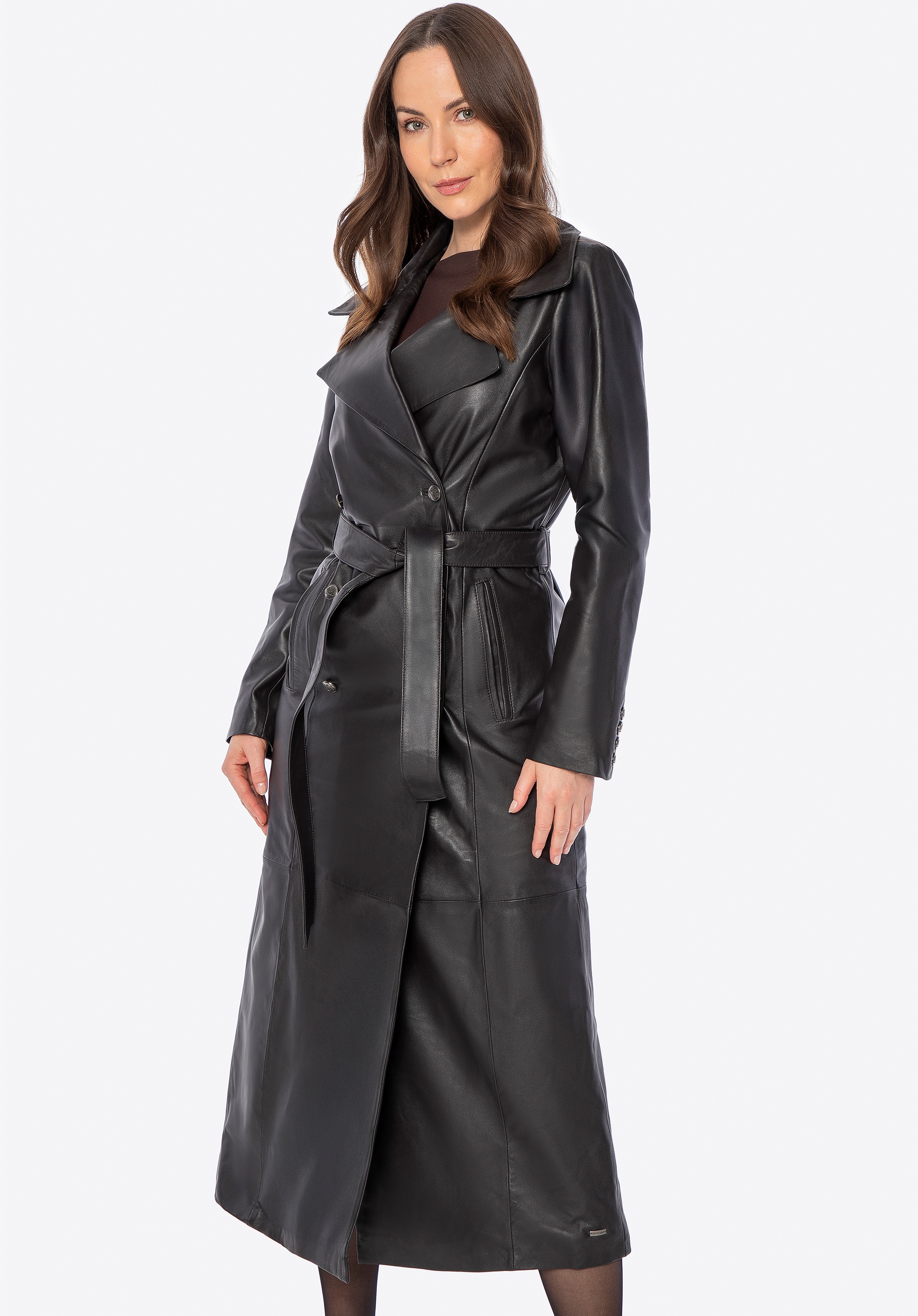 Dwurzędowy płaszcz z naturalnej skóry owczej ciemny brąz