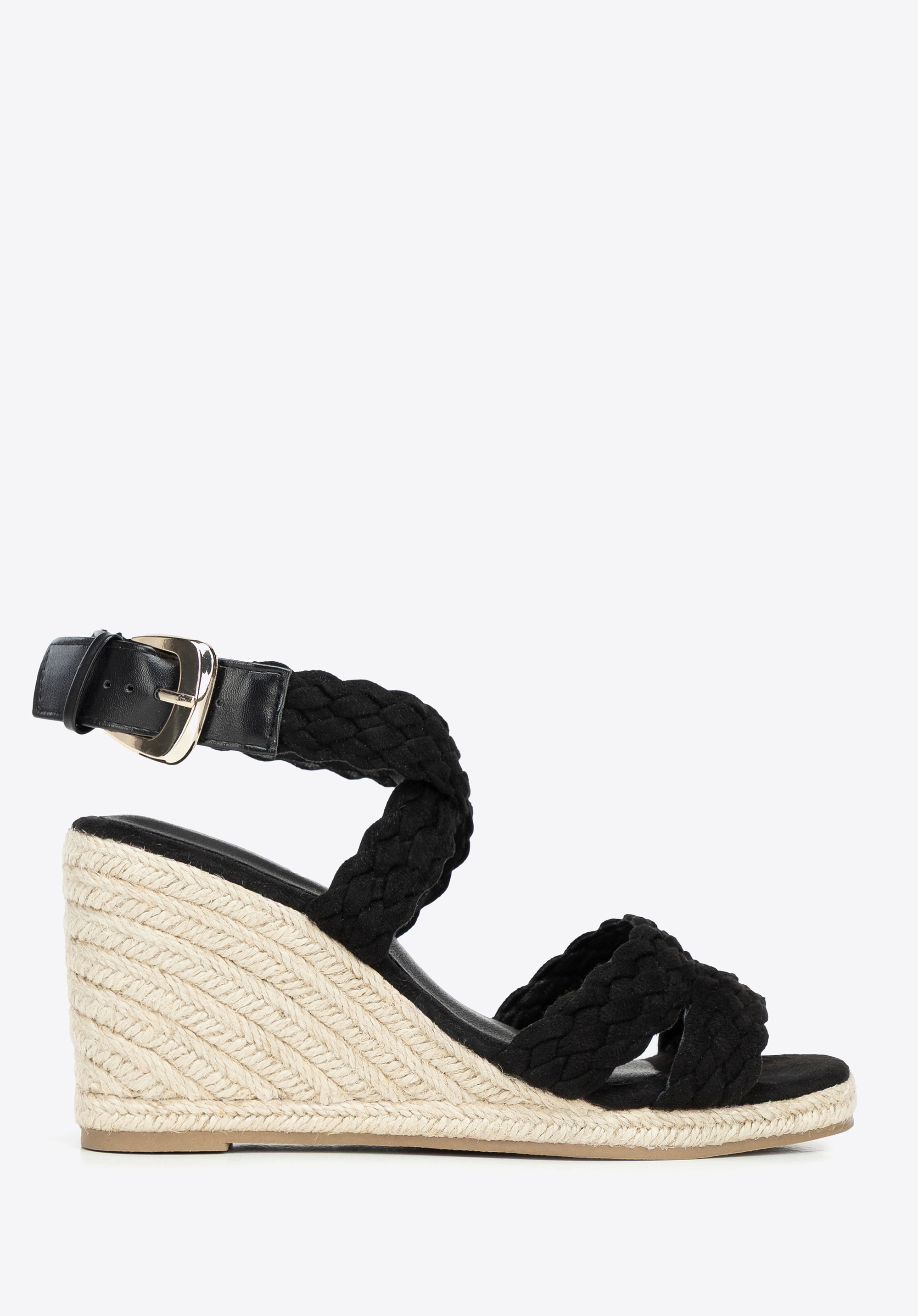 Damskie sandały na koturnie w plecione paski czarne