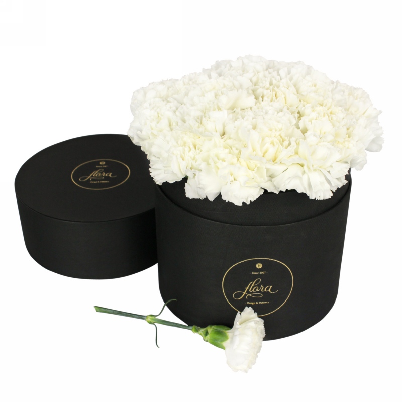 FlowerBox - białe goździki w czarnym pudełku (duży)