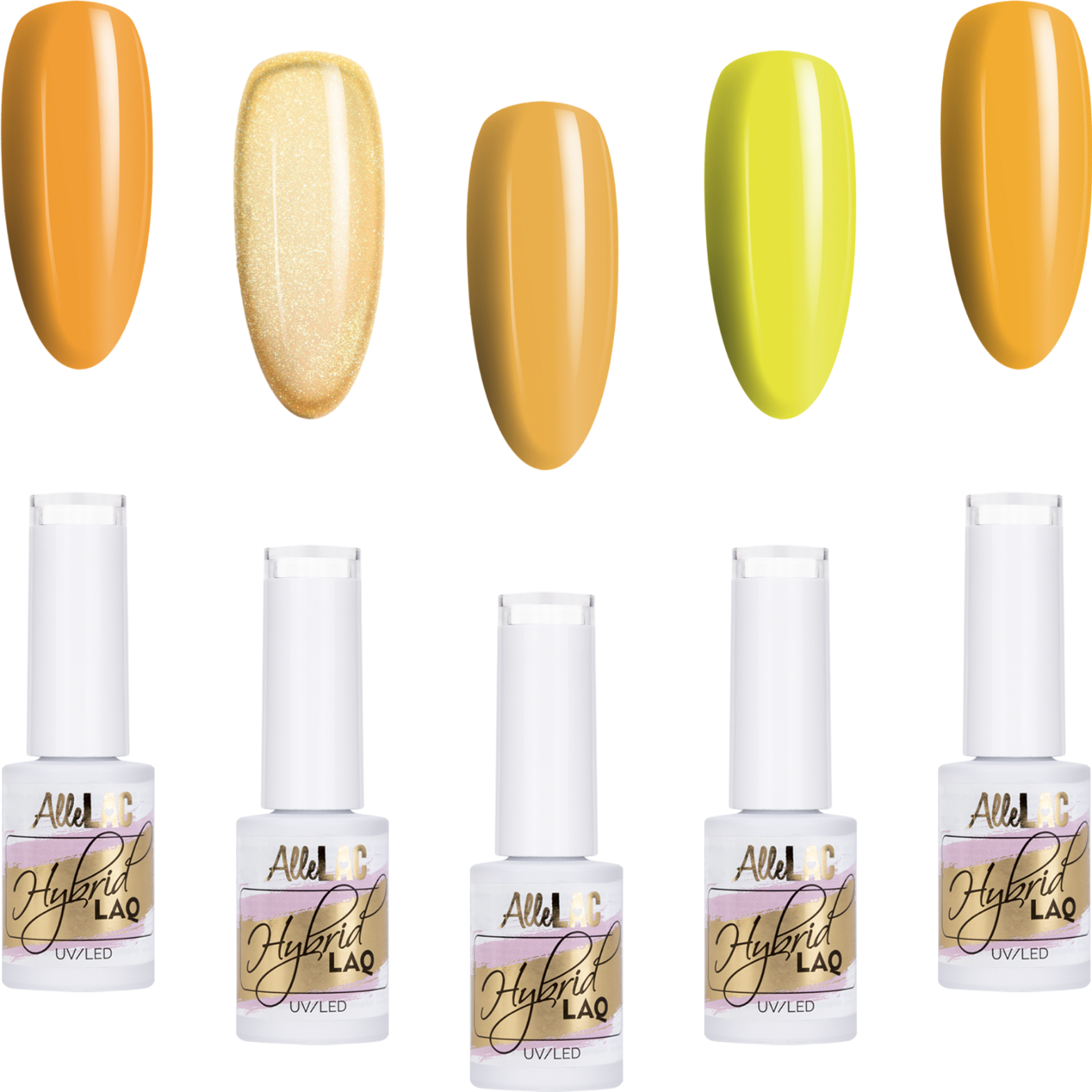 5x Lakier Hybrydowy ALLELAC 5g Żółte Yellow ZESTAW 5w1 Mix
