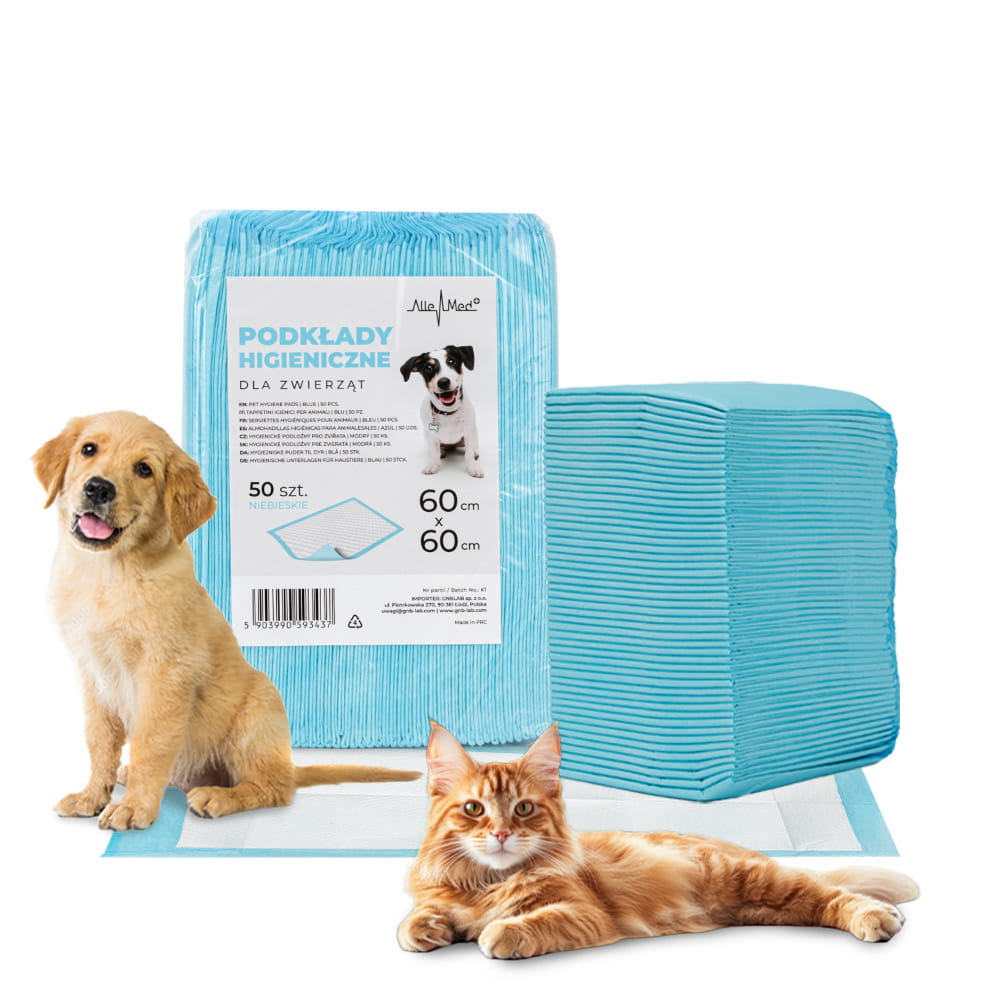 Podkłady mata maty chłonne dla psa nauka sikania higiena czystość AlleMed 50 szt. 60x60 cm niebieskie