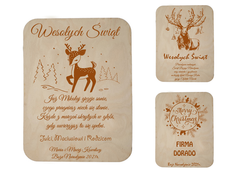 Drewniana kartka EKO życzenia na święta Bożego Narodzenie grawer, IMIĘ, LOGO firmowe