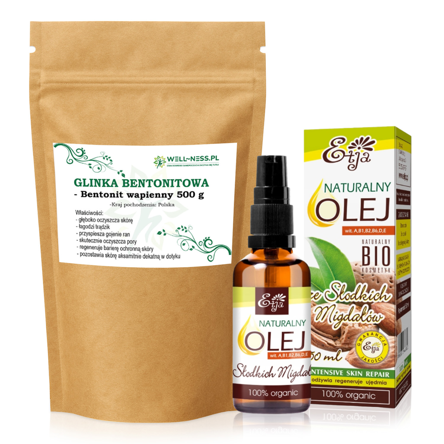 Glinka bentonitowa - bentonit wapienny 500g + olej ze słodkich migdałów BIO 50 ml