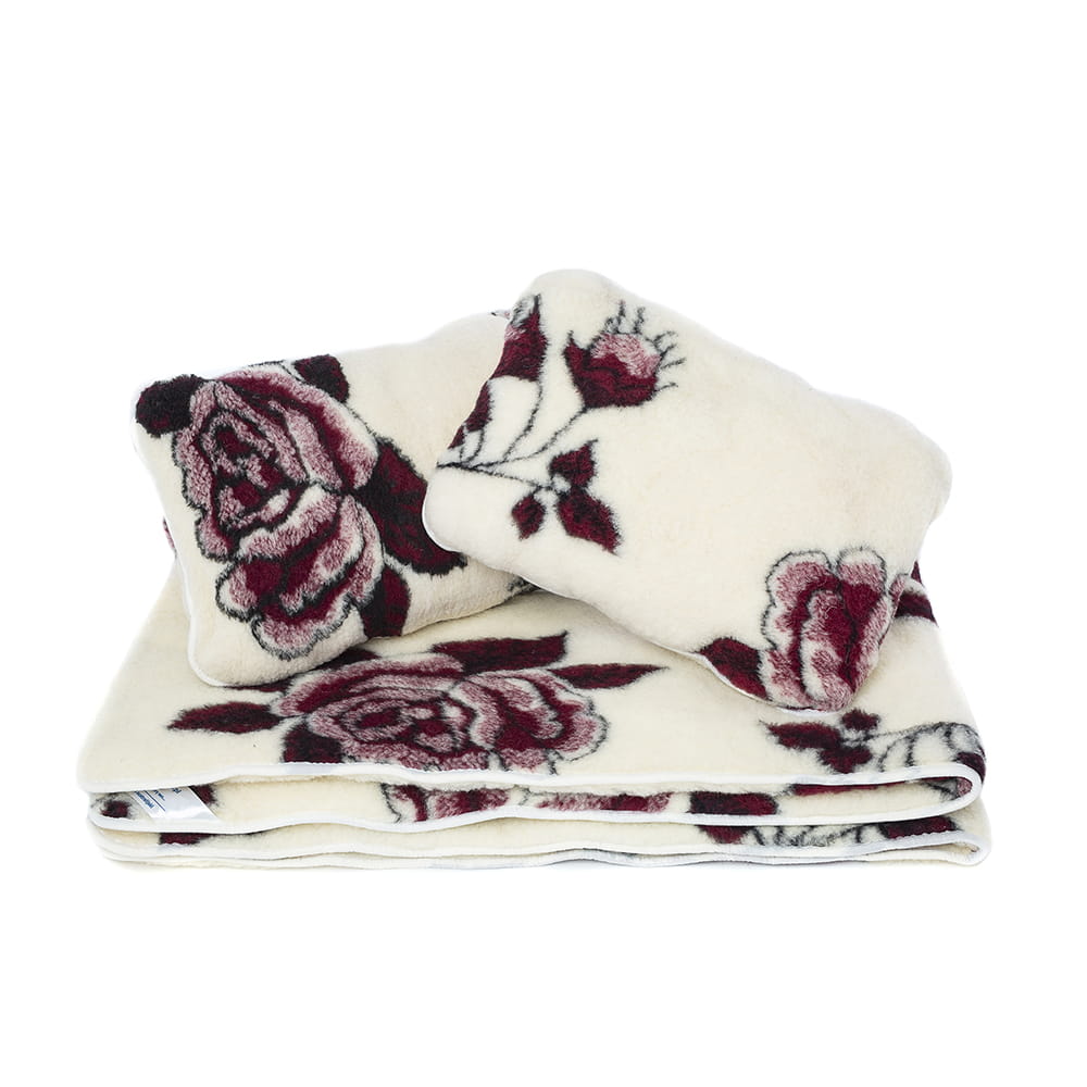 Pościel wełniana merynos australijski wzór czerwona róża (kołdra 160x200, 2x poduszka 50x60) (+-5cm)