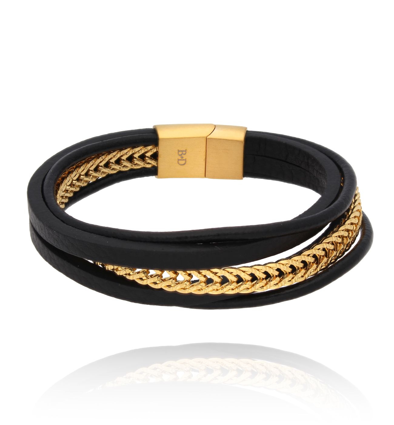 Bransoletka męska złota z łańcuchem i czarną skorą BMITC0902