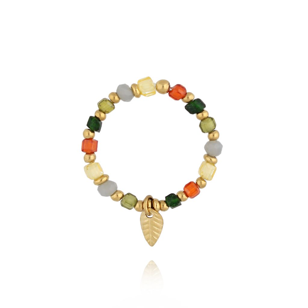 Pierścionek kolorowy elastyczny z listkiem PSC0730