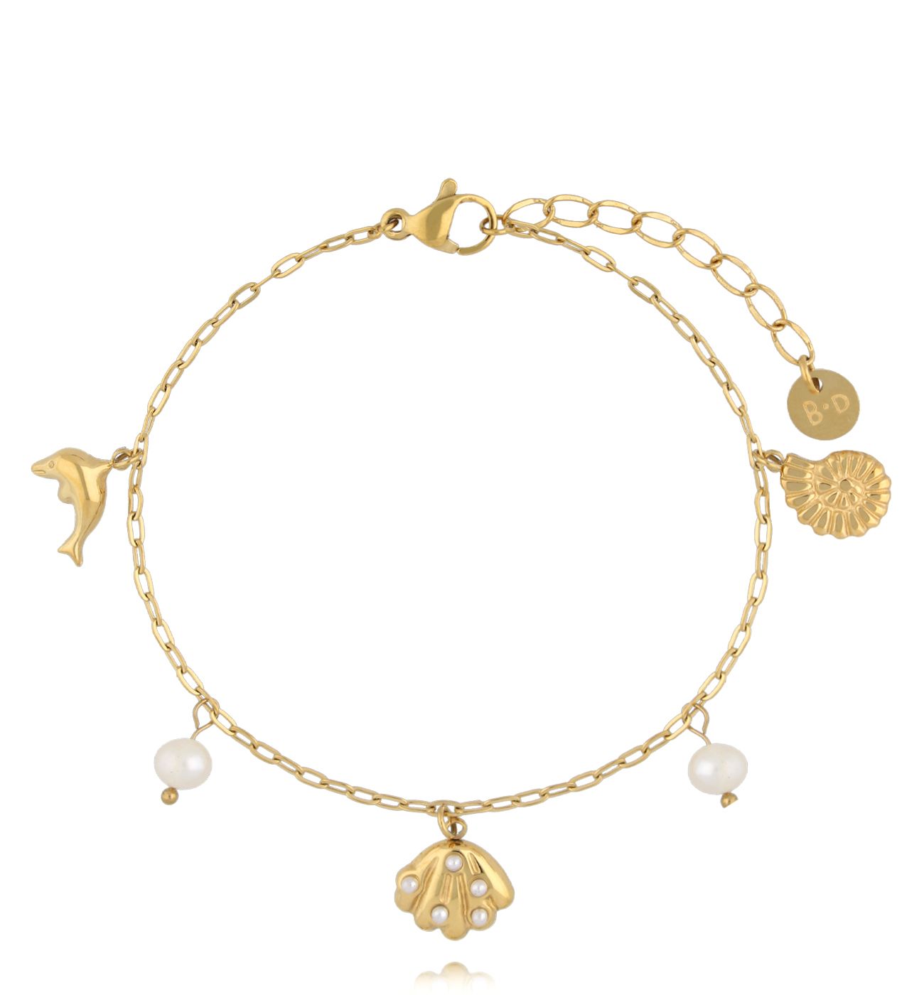 Złota bransoletka z zawieszkami – delfin, muszla, perły BSY0396