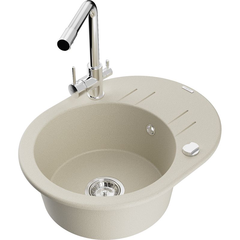 Zlewozmywak granitowy 1-komorowy Mexen Kevin z ociekaczem i baterią kuchenną Duero beżowy 6517-69-671600-00