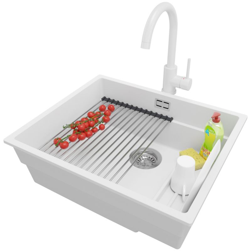 Zlewozmywak podblatowy Praga PRIMAGRAN 56x47cm do szafki od 60cm, Biały + Bateria + Syfon + Zwijany ociekacz, S359, 1 szt.