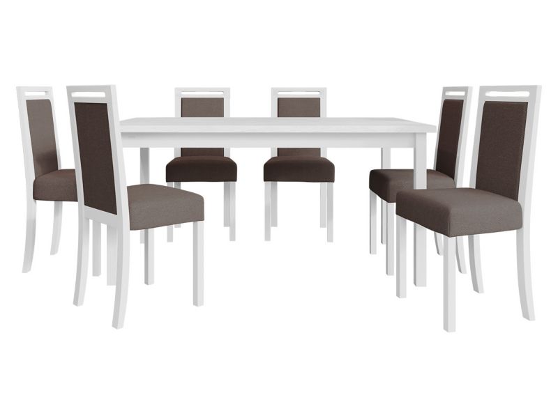 Zestaw DR03 MIRJAN 24 Stół rozkładany Modena II 90x160/200 + 6 krzeseł Roma 5 biały + jasnobrązowa tapicerka 1 kpl.