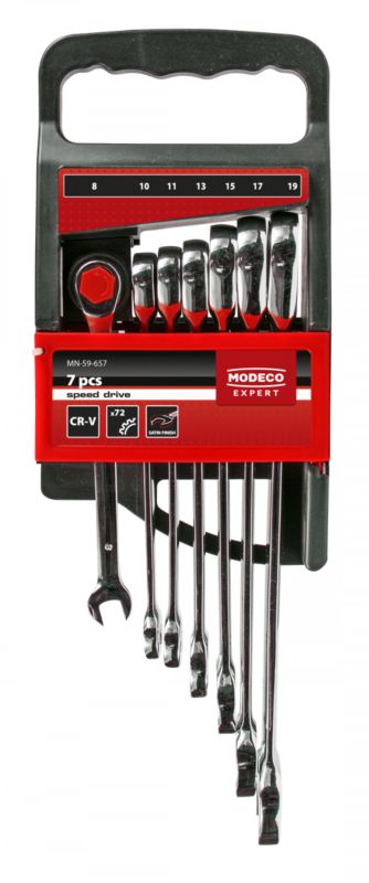 Kpl. kluczy płasko oczkowych z grzechotką Modeco Expert 8-19 mm - zawieszka plastikowa - 7 el.