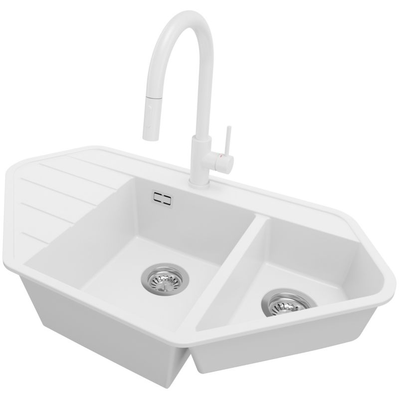 Zlew Granitowy Narożny Kopenhaga Corner PRIMAGRAN Nablatowy 90x50cm do szafki od 70cm, Biały + Bateria + Syfon, S017, 1 szt.