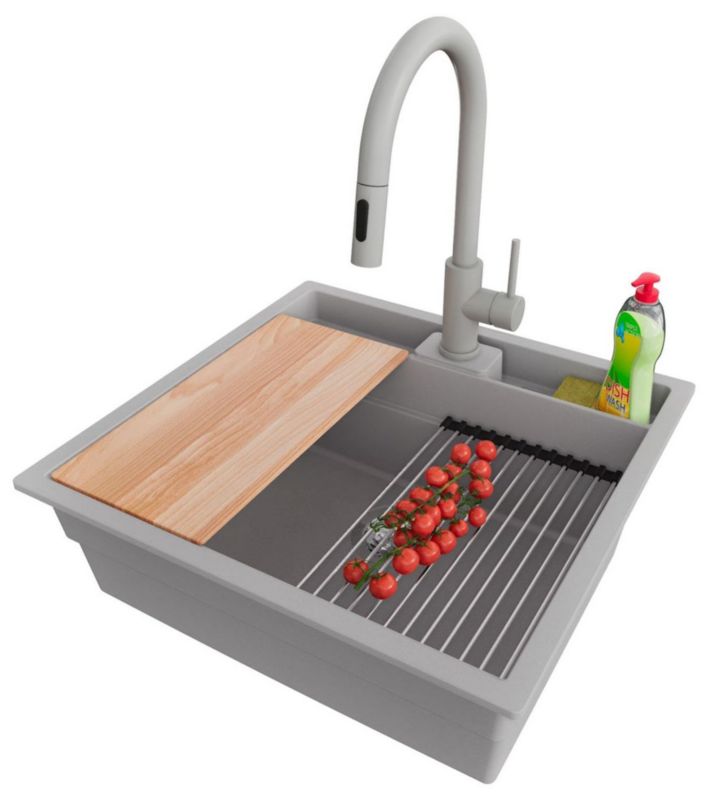 Zlewozmywak Granitowy Bergen Pocket PRIMAGRAN Nablatowy 56x54cm do szafki od 60cm, Szary + Bateria + Syfon + Akcesoria, , 1 szt.