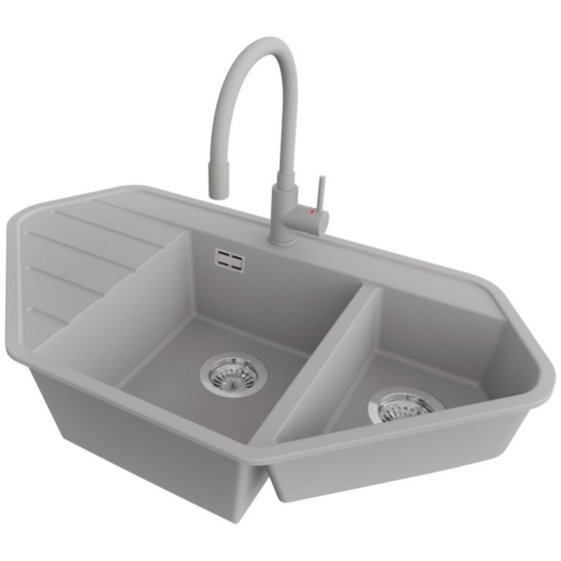 Zlew Granitowy Narożny Kopenhaga Corner PRIMAGRAN Nablatowy 90x50cm do szafki od 70cm, Szary + Bateria + Syfon, S025, 1 szt.