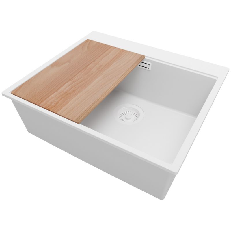 Zlewozmywak Oslo PRIMAGRAN Nablatowy 58x50cm do szafki od 60cm, Cały Biały + Syfon + Deska, S410, 1 szt.